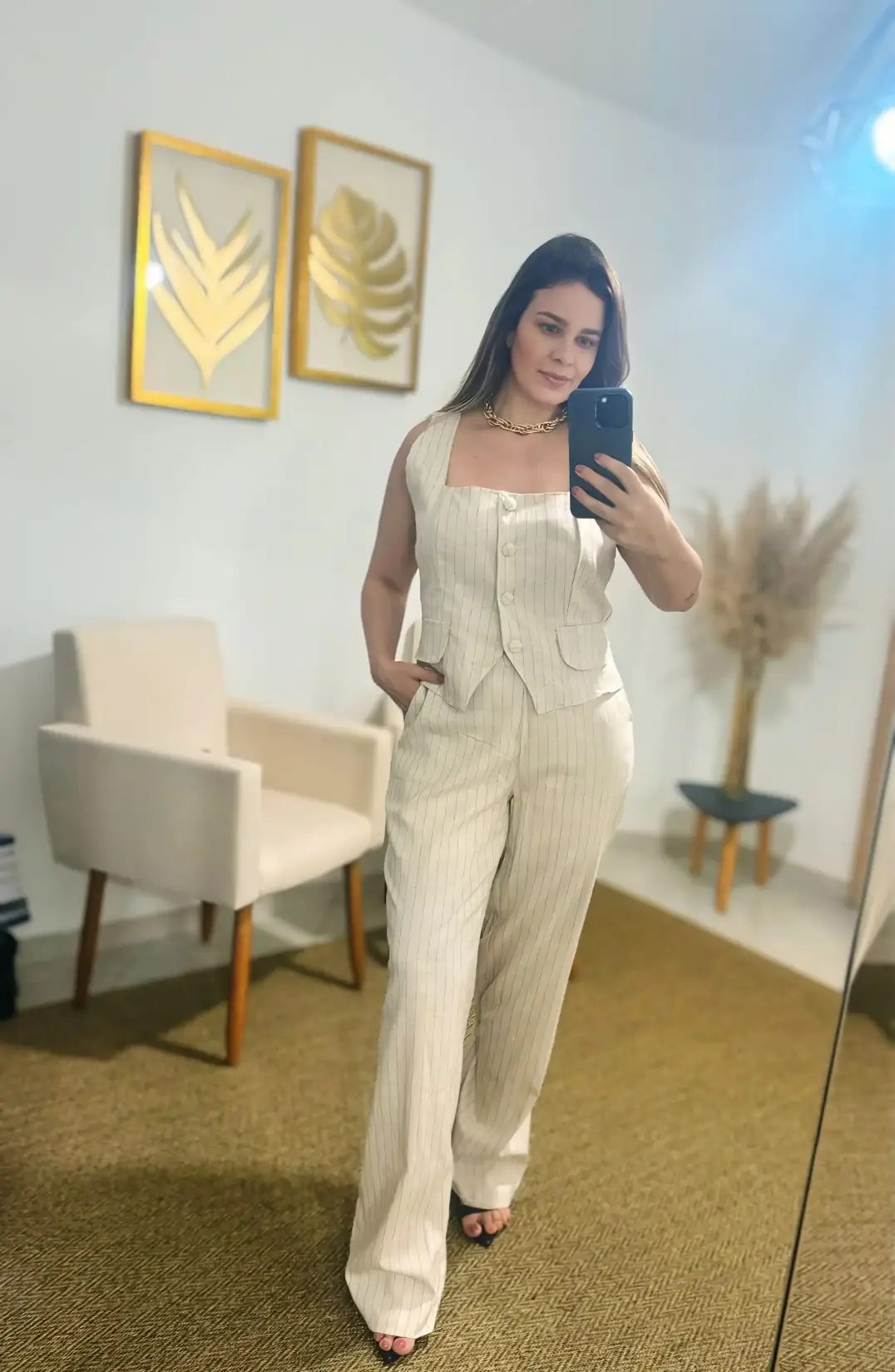 Conjunto colete e calça risca de giz